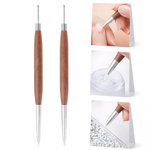 Didiseaon Dual-Ended Nail Sculpture Pen, 2Pcs Wood Handle Silicone Metal Nail Art Tool Set for 3D Gel Polish Design, Builder Gel, Chrome Powder, Salon & Home Manicure