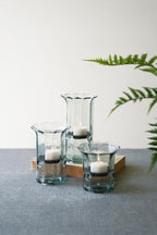 First of a Kind Set of 3 Glass Candle Holder - Hurricane Candle Holder with Rustic Insert, Mouthblown by Artisans in Colombia - Perfect for Home Decor, Centerpieces, Display with Personal Memorabilia - size: Set of 3