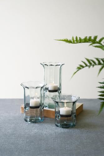First of a Kind Set of 3 Glass Candle Holder - Hurricane Candle Holder with Rustic Insert, Mouthblown by Artisans in Colombia - Perfect for Home Decor, Centerpieces, Display with Personal Memorabilia - size: Set of 3