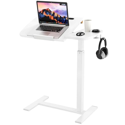 Overbed Bedside Table with Wheels,Tiltable Hospital Bed Table, Pneumatic Adjustable Overbed Table, Rolling Laptop Desk, Mobile Standing Desk for Bed, Couch, or Hospital Use - color: White