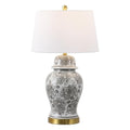 JONATHAN Y 29.5" Gray/White Ceramic Table Lamp for Living Room and Office, White Linen Drum Shade, Traditional Chinoiserie Ginger Jar Lamp, LED Bulb Included (JYL3008B) - color: Gray/White