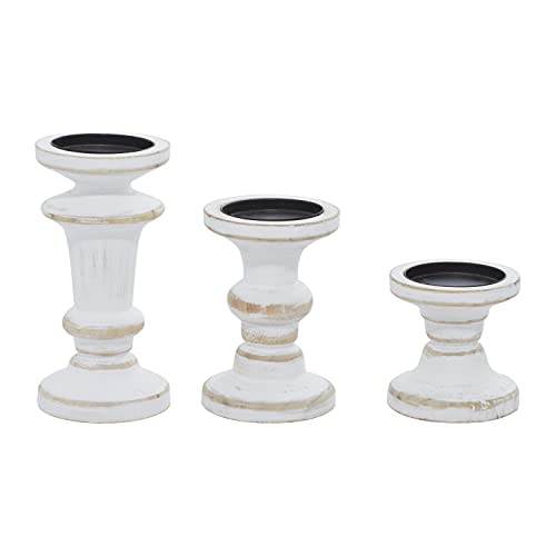 Deco 79 Wood Decorative Candle Holder Candle Stand, Set of 3 Candlestick Holder 8", 6", 4"H, White - color: Beige