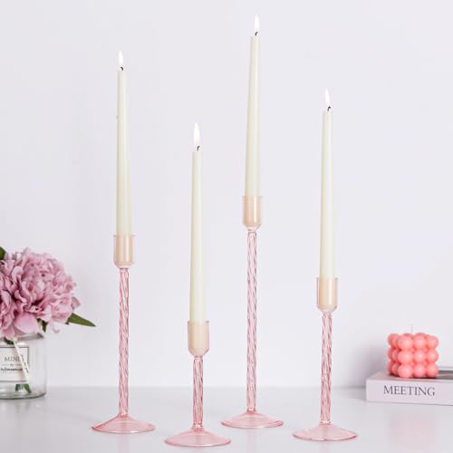 Hewory Glass Taper Candle Holders: 4 Pcs Pink Vintage Candlestick Holders Tall Candle Sticks Holder Decor, Glass Candle Holder for Table Centerpiece Wedding Christmas Advent Holiday Party Decorations - color: Pink