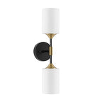 BYOLIIMA Industrial Mid Century Wall Sconce 2-Lights with White Cylinder Glass Shades Modern Bathroom Vanity Wall Lamp Matte Black and Gold Brushed Brass Finished Wall Light Fixture - color: Gold/Black-Cylinder Glass Shades