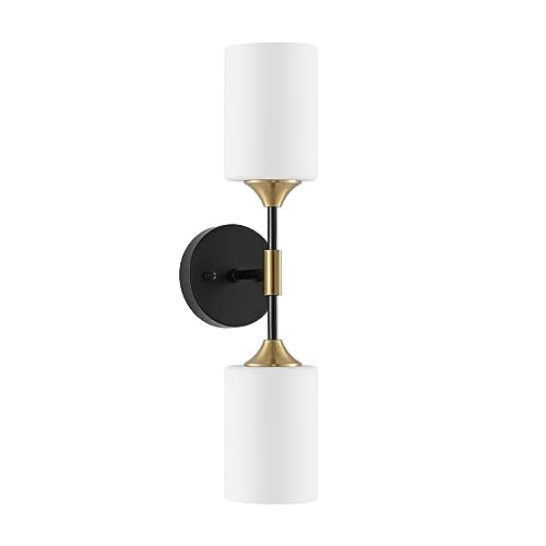 BYOLIIMA Industrial Mid Century Wall Sconce 2-Lights with White Cylinder Glass Shades Modern Bathroom Vanity Wall Lamp Matte Black and Gold Brushed Brass Finished Wall Light Fixture - color: Gold/Black-Cylinder Glass Shades