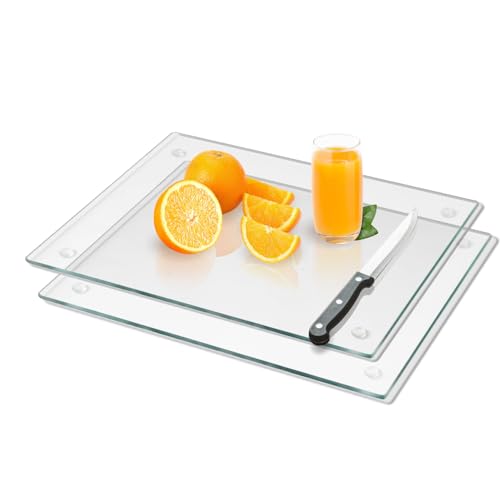 Mymonfif Tempered Glass Cutting Board for Kitchen, Clear Glass Board for Countertop, Heat Resistant, with Non-Slip Feet, 12x16" 2 Pcs Clear - color: 2Pcs Clear