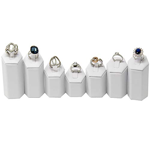 Mooca Ring Stand Holder Display Tower Jewelry Organizer, Ring Display Holder, Pedestals Display 7 Pcs Set Perfect for Showcase, White Faux Leather - color: White Faux Leather