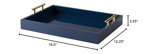 Kate and Laurel Lipton Decorative Tray with Polished Metal Handles, Navy Blue and Gold - color: Blue, size: 16.5" x 12.3" x 3.3"