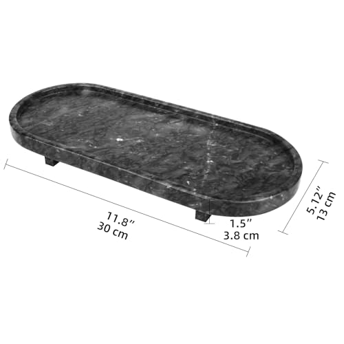 Marble Oval Bathroom Vanity Tray with Leg,Natural Stone Small Decorative Tray,Soap Dispenser Dresser Top Perfume Home Kitchen Toilet Tray for Soap Bottles, Key Trinket Ring (Black Grey)