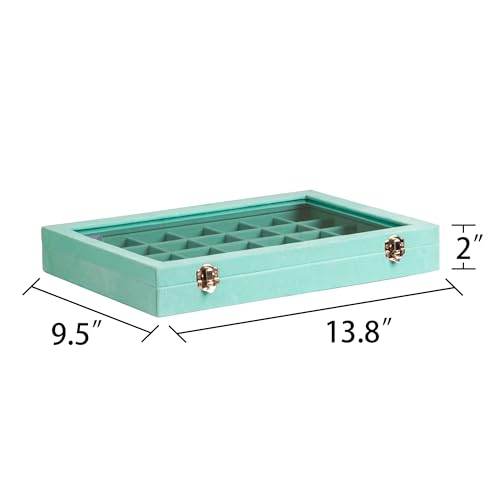 Frebeauty Velvet Jewelry Tray,35 Grid Jewelry Organizer with Clear Lid,Earring Holder Organizer Case with Clasp,Drawer Insert for Rings Studs,13.8 x 9.5 x 2 Inches,Gift for Women Girls(Turquoise) - color: Turquoise, size: 35 Grid