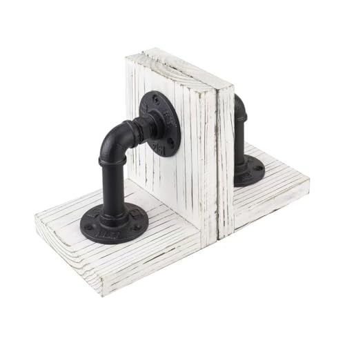 Wooden Ancient Bookends for Heavy Books Realistic Industrial Iron Pipe Design Farmhouse Bookends for Home Office(White) - color: White