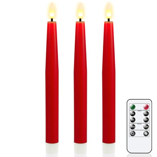 GenSwin Flameless Taper Candles, Set of 3 Red LED Taper Candles Battery Operated with Remote Timer, Real Wax Flameless Candlesticks with 3D Flame for Home Wedding Party Holiday Decor (0.78” x 9.65”) - color: 3-Red