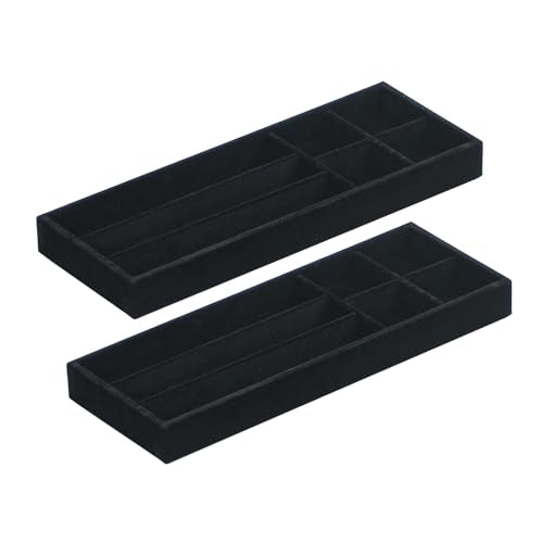 2Pcs Desk Drawer Storage Tray, Nightstand Organizer Tray, Necklace Bracelet Ring Earring Jewelry Display Tray, Grid Table Organizer Holder Tray for Sunglass, Phone, Watch, Perfume (7 grid)/Black - color: Black, size: 7 Grid
