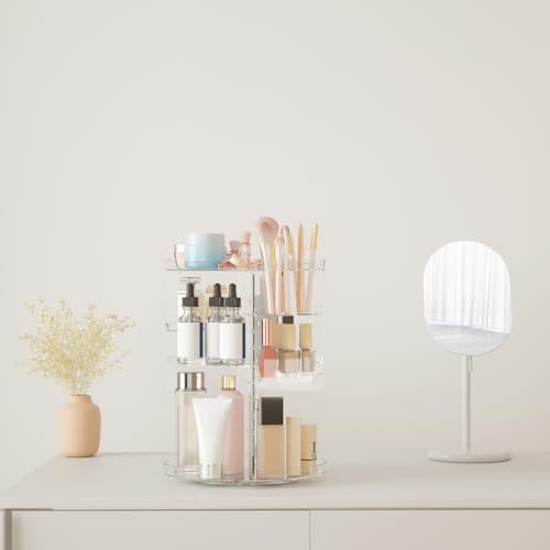 Rotating Makeup Organizer, DIY 8 Adjustable Layers Spinning Skincare Organizer, Cosmetic Display Case with Brush Holder Perfume Tray, Multi-Function Storage Carousel for Vanity Bathroom Countertop - color: Clear