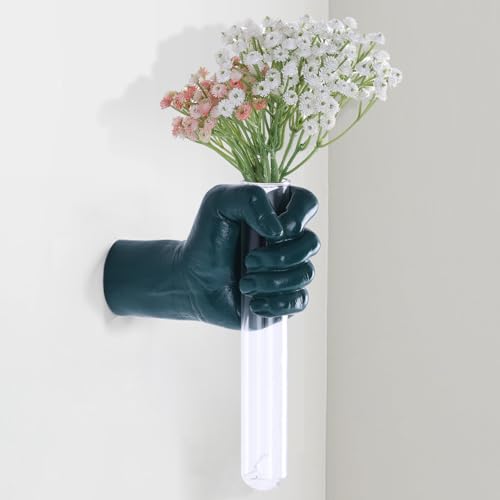 Green Wall Sculptures, Hand Vases Home Decor, Wall Mount Art Sculpture, Unique Wall Art Statue, Funky Flower Vase Decorations, Modern Eclectic Hanging Decor,Glass Test Tube Vase - color: Green