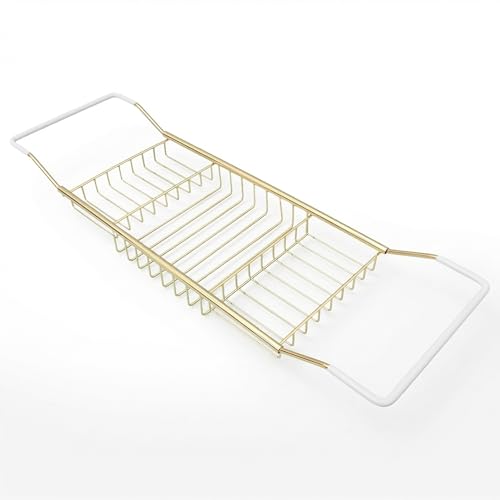 Cabilock Luxury Stainless Steel Bathtub Caddy Tray - 24.8in Expandable Modern Bath Rack for Tub with Wine Glass & Book Holder - Rustproof Shower Organizer & Tablet Stand for Home Spa, Gold - color: Golden