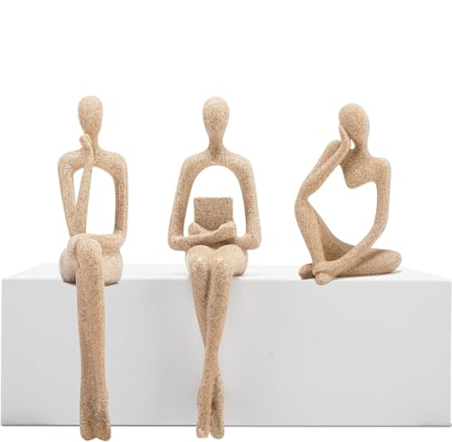 Gold Home Decor Thinker Statue Accents, Set of 3 Thinker Sculptures Office Decor Modern Abstract Resin Decoration on Shelf Table Desk for Living Room Office Bedroom Bookshelf Decor (Small Sandstone) - color: Sandstone, size: Small