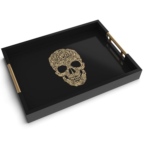 Gothic Skull Serving Tray with Gold Handles – Black Gloss Wooden Ottoman Tray for Coffee Table, Bar, or Kitchen – Elegant Gothic Decor & Unique Gift for Halloween, Horror & Alternative Style Lovers - style: SKULL