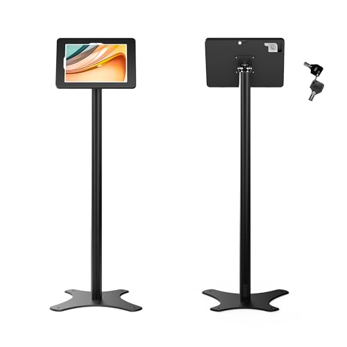 Tablet Kiosk Floor Stand, Anti-Theft, Rotate Lockable Metal Tablet Enclosure+Aluminum Pole+Metal Base, Compatible with 10.9" iPad 10th, Pro 11" 1 2 3 4, Air 4 5, Air 11"(M2/M3), iPad 11"(A16) - color: Black, size: iPad 10th (10.9"), iPad Pro (11")