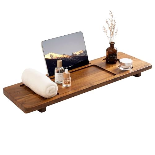 Teak Bathtub Tray - Wood Bath Caddy Tray 29" for Small Tubs - Adjustable Bathtub Table Trays - Luxury Shower Organizer for Home Spa Relaxation and Reading - Light Walnut Color - color: Light Walnut-a, size: 29" x 9" x 2"