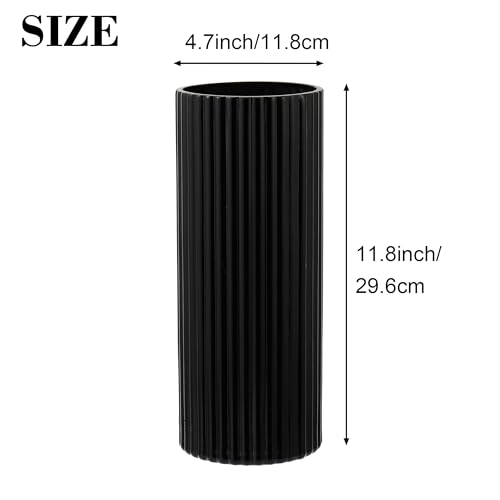 Black Glass Vase for Flowers, Ribbed Glass Vase for Tulips, Black Modern Vases, Tall Cylinder Glass Vases for Living Room, Bedroom, Dining Table, Office, Wedding, Bookshelf, 12 Inches - color: Black, size: 12''