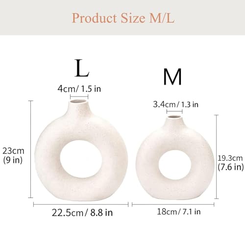 White Ceramic Donut Vase Set of 2, Big Hollow Round Matte Pampas Flower Vases for Boho Home Wedding Party Room Dinner Table Shelf Decor. - color: White, size: Donut Large Set of 2
