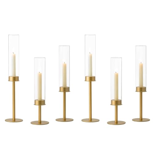 Hewory Gold Candle Holders - 6Pcs Brass Hurricane Candlestick Holders with Glass Candle Cover for Wedding Table Centerpiece Christmas Decor - color: Matte Gold, size: 6pcs