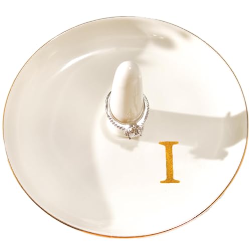 Ceramic Initials Jewelry Tray Ring Dish With Personalized I-Monogrammed Engagement Wedding Gifts, for Birthday Mother's Day for Women, Ceramic White 4.7" x2.4" - style: I
