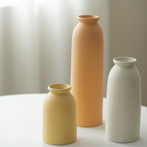 10.4 inches Tall Decorative Ceramic Vase Set, 3 Pieces, 10 inches Nordic Modern Style, White, Farmhouse Home Boho Shelf Decor(Orange) - color: Orange