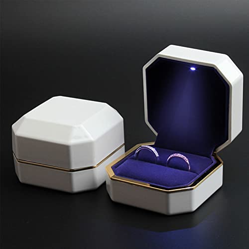 Luxury Ring Box, Square Velvet Wedding Ring Case Jewelry Gift Box with LED Light for Proposal Engagement Wedding, White - color: White, size: Ring Box