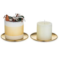 Romadedi Gold Pillar Candle Holders Decor - 5.5 Inch Round Candle Tray Decorative Brass Metal Plate Candle Srand for 3 Wick Candles Jars for Coffee Table Countertop Home Decorations, Set of 2