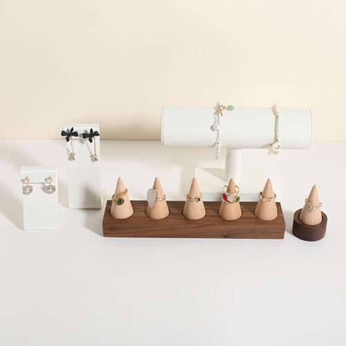 GemeShou Wooden ring organizer holder for jewelry, Stable ring display stand for boutique store, walnut base with white ring cones for jewelry selling【Ring holder-Cone 5】 - style: Five Cone