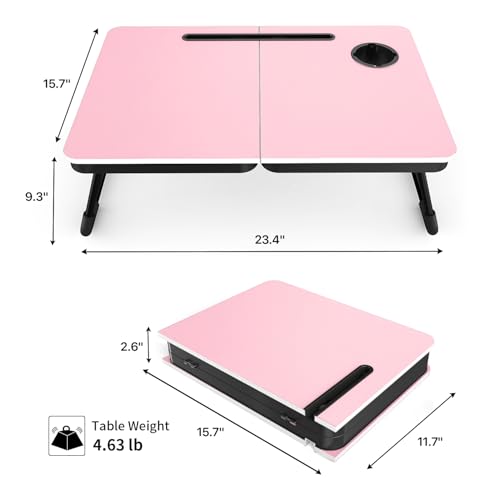 BUYIFY Foldable Laptop Bed Desk for Couch, Sofa - Large Lap Desk Tray Table with Cup Holder and Tablet Slot - Portable Notebook Stand for Eating, Writing, Studying and WFH (Pink) - color: Pink