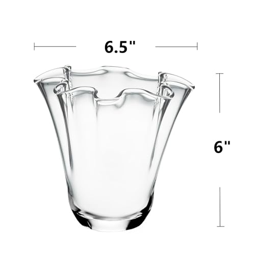 CYS EXCEL Clear Glass 3D Flower with Ruffle Rim Wavy Bouquet Trumpet Vase Unique Modern Home Décor Centerpieces Hurricane Floating Candle Holder