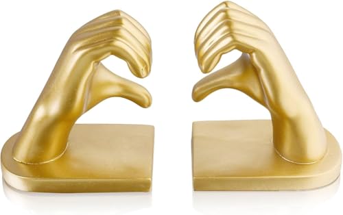 1Pair/2Piece Gold Heart Hands Book Ends, Non-Slip Heavy Duty Bookends for Shelves, Unique Sculptural Book Stopper for Home Bedroom, Living Room & Office Desk Decor