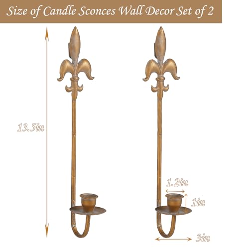 Fleur De Lis Wrought Iron Candle Sconces Set of 2, Rustic Candle Holders Hanging for Living Room Farmhouse Fireplace Wedding (Antique Copper) - color: Antique Copper