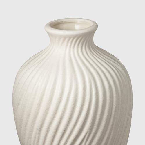 White Ceramic Vase Set of 2 - Modern Flower Vases for Home Decor - Rustic Textured White Vase for Living Room Decor - 8.65×5.5 & 5.5×5.5 Inch Round Vases for Dining Table Centerpiece Decoration