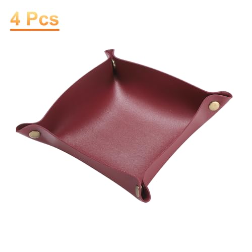 HARFINGTON 4pcs PU Leather Valet Tray Unisex Folding Small Catchall Tray Portable Entryway Table Tray Nightstand Bedside Desk Tray for Key Wallet Watch Coin Jewelry Dice, Wine Red - color: Wine Red