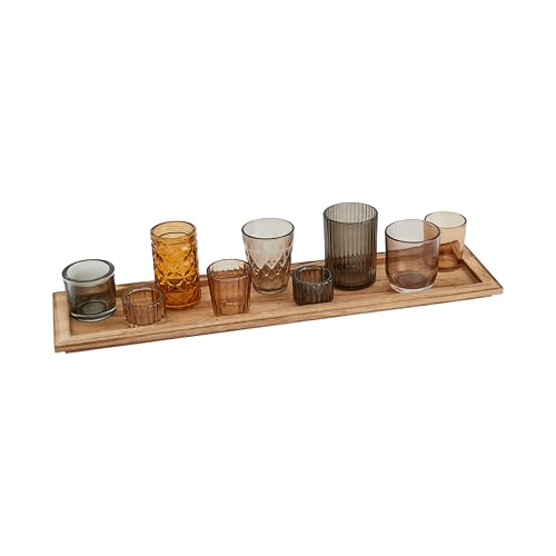 Wood Tray with 9 Brown Glass Votive Holders (Set of 10 Pieces) - color: Browns