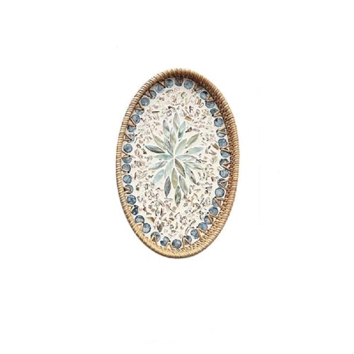 13 Inch Decor Tray for Coffee Table Mother of Pearl Inlay Serving Tray for Ottoman Wicker Centerpiece Decorative Tray for Candle Holder, Flower, Fruit, Bread (Medium)