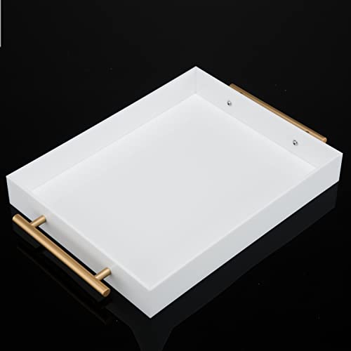 Glossy White Acrylic Lucite Serving Tray with Metal Handles,No Need to Assemble,11x14 Inch,Decorative Storage Organizer with Spill-Proof Design,Serving for Coffee,Breakfast,Dinner and More - color: White, size: 14" x 11" x 2"