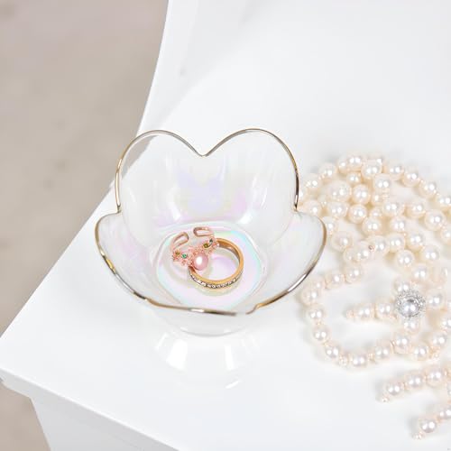 Rainbow Flower Ring Dish Jewelry Tray, Small Glass Trinket Tray for Rings Earrings, Present for Wife Mom Daughter Women - color: crystal rainbow color