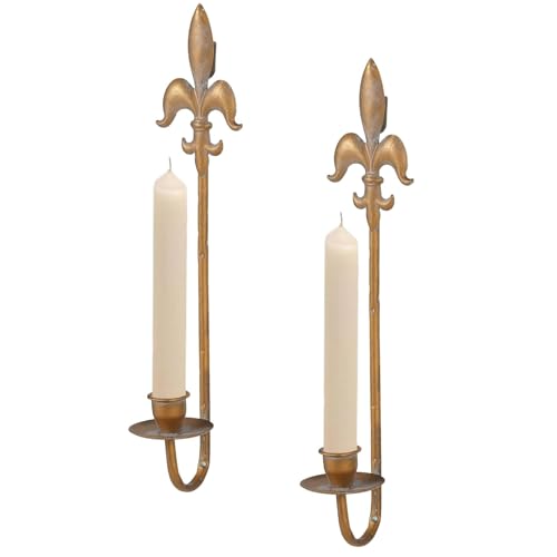 Fleur De Lis Wrought Iron Candle Sconces Set of 2, Rustic Candle Holders Hanging for Living Room Farmhouse Fireplace Wedding (Antique Copper) - color: Antique Copper