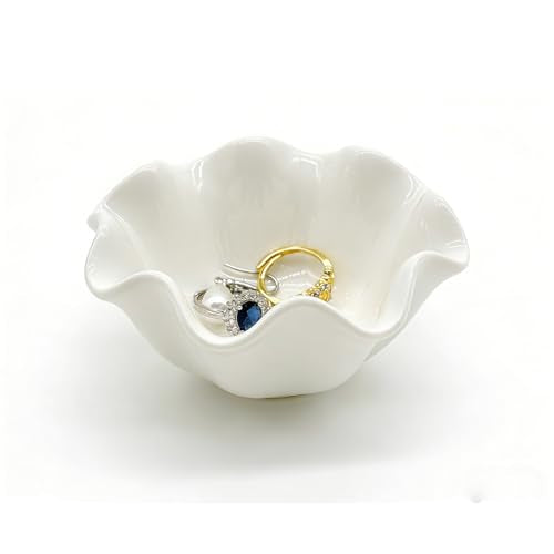 White Flower Jewelry Dish, 3.5″ Lotus Jewelry Bowl Ring Holder, Ceramic Jewlery Tray Cute Vanity Nightstand Bathroom Room Decor Trinket Dish Valentine's Friendship Birthday Gifts for Women Mom