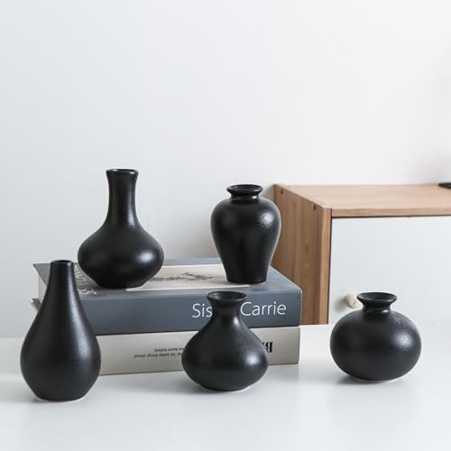 Small Ceramic Vase Set of 5, Black Bud Vase with Boho Decorative Design for Fireplace, Entryway & Living Room Centerpiece - color: D-blacksmall Vase Set of 5