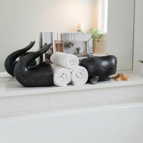Comfy Hour 10" Black Nautical Whale Figurine Style Bookends, Antique Vintage Ocean Statue Home Decor, Heavy Duty Coastal Book Stoppers Pair, 1 Pair