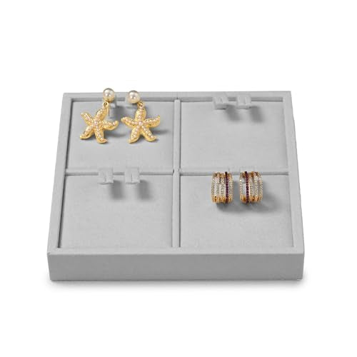 Microfiber 4 Slots Jewelry Earring Display Tray Earring Display Organizer Tray(Gray) - size: 5.5" x 5.5" x 0.78"