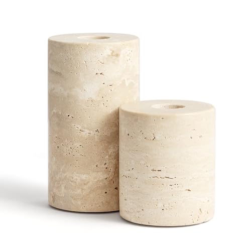 WORHE Candle Holders True Natural Marble Set of 2 Decorative Candlestick Holder for Table Centerpieces Home Dinning Party Wedding Birthday Premium Candles Stand for 3/4 inch Candles Beige (ZT017R)