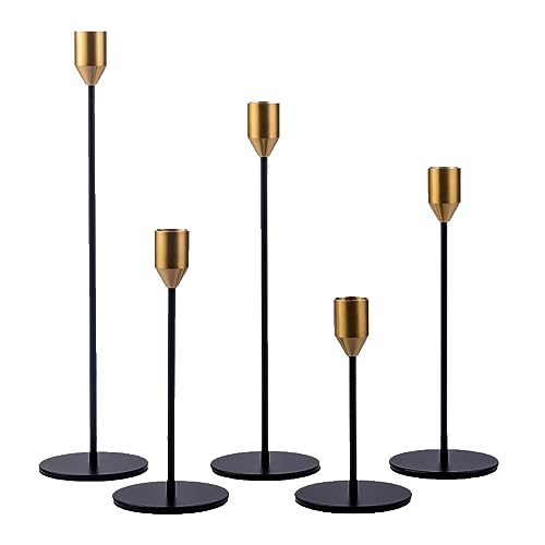 Set of 5 Black Taper Candlestick Holders with Brass Top, Metal Candle Stick Holder, Antique Mid-Century Candle Holders for Table Centerpiece, Mantel, Dining Table Decor