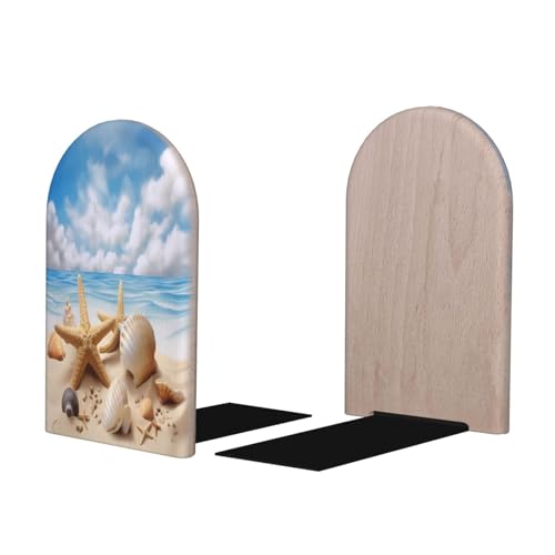 Beach Starfish Seashells Blue Sky L-Shaped Book Ends 1 Pair Wood Bookends Ocean Summer Book End Supports for Heavy Book Shelf Holder Home Decorative - color: Beach Starfish Seashells Blue Sky